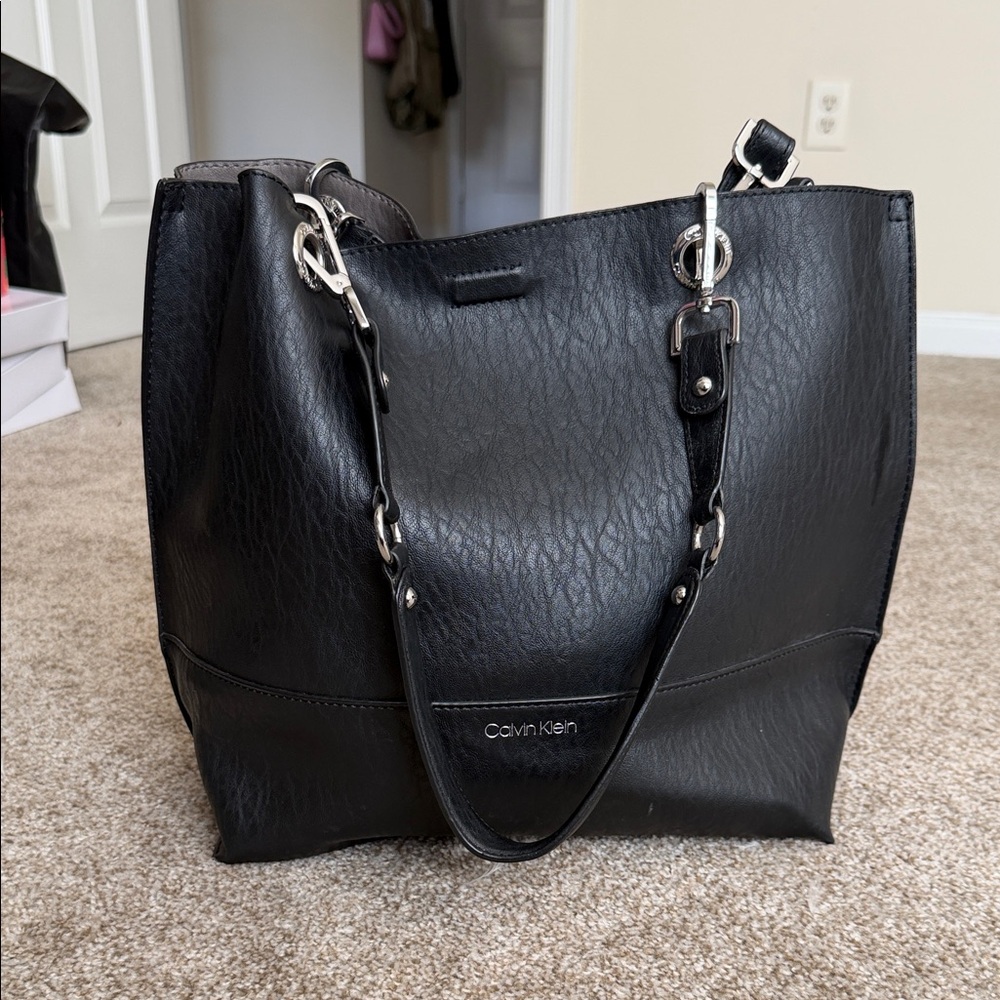 Calvin Klein Black Leather Shoulder Tote with Silver Hardware